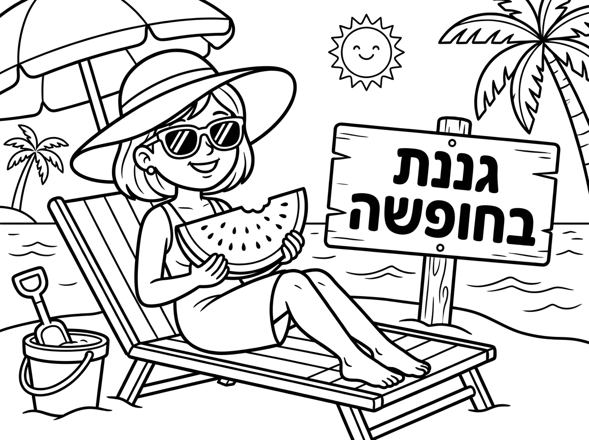 צור לי בבקשה דף צביעה בשחור לבן ובו מצויירת גננת יושבת על כסא חוף הים עם כובע גדול, אבטיח ביד ולידה יש שלט- גננת בחופשה