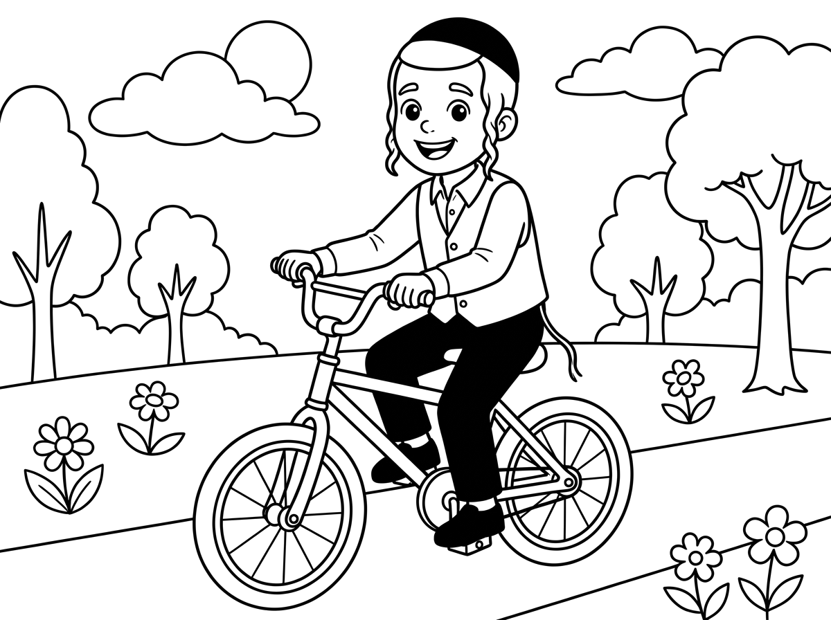 גרפיקאי אלוף שכמוך, צור לי בבקשה דף צביעה של ילד יהודי חרדי עם כיפה ופיאות קטנות רוכב על אופניים , שמח ביום קייצי ונעים