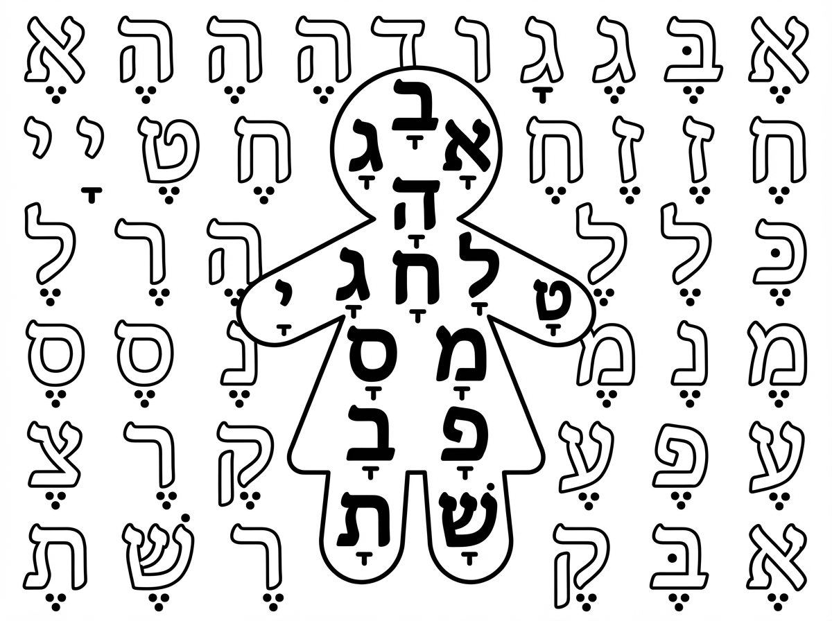 Hebrew alphabet coloring page with specific vowels