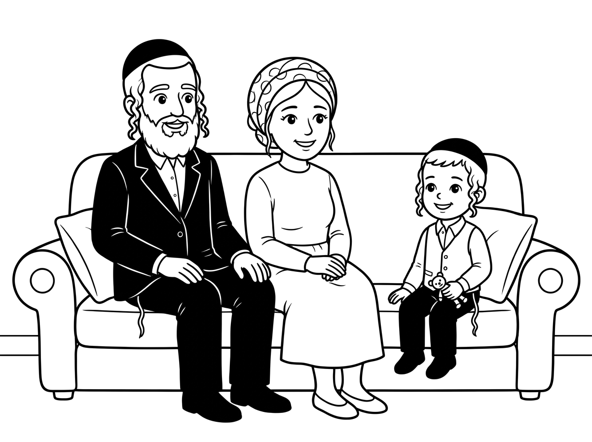 עכשיו תמונה של משפחה חרדית אמא בכיסוי ראש אבא עם כיפה ופאות וילד עם פאות יושבים על ספה