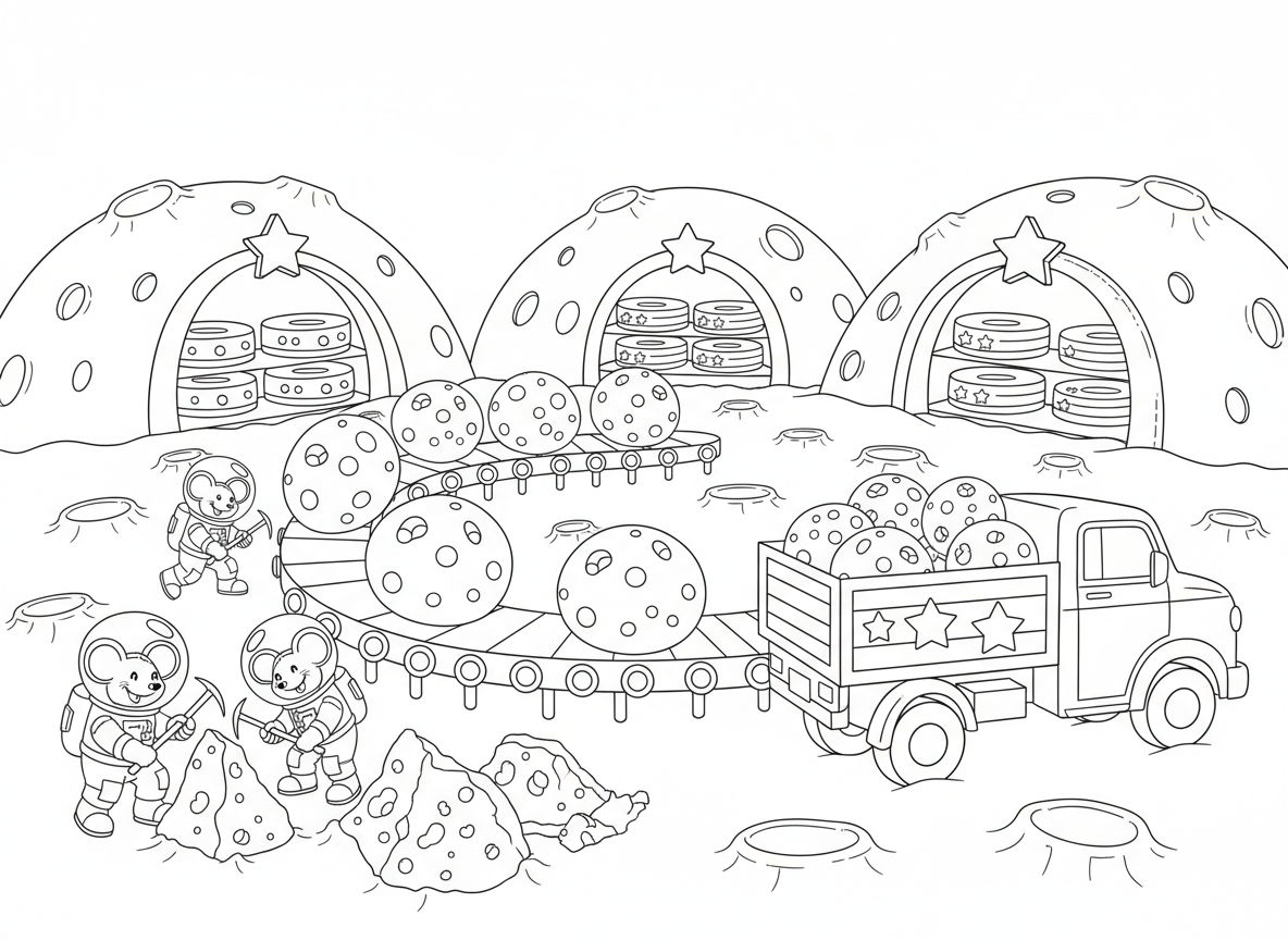 מפעל גבינה על הירח - עכברים אסטרונאוטים כורים גבינה מפני הירח, מסוע של גלגלי גבינה, משאית חלל למשלוחים, מכתשי ירח כמערות הבשלת גבינה, וכוכבים כתוויות אריזה