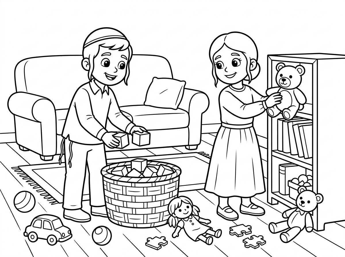 hasidic children cleaning living room