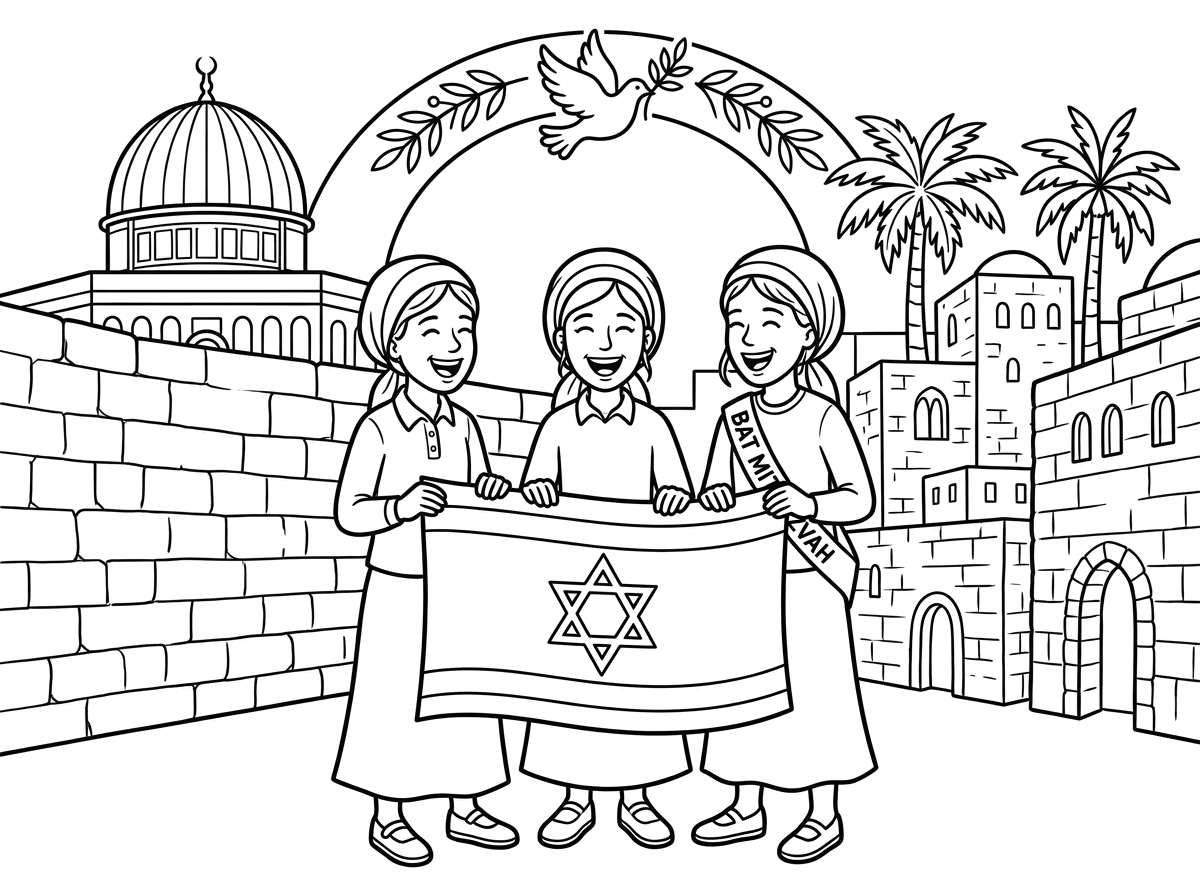 צור לי תמונה לגלופה לבנות ציוניות דתיות לכבוד טיול בת מצווה בירושלים. שהתמונה תתאים לגלופה לחולצה ותהיה קווי מתאר שחור לבן בלבד.