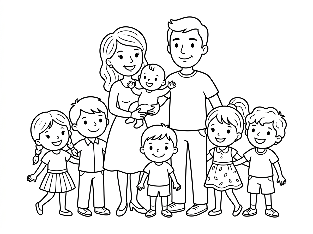 mother, father, baby, 5 children