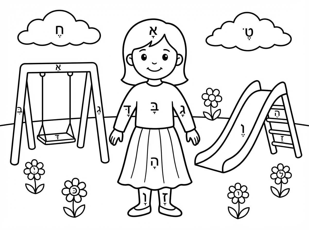 girl in playground with hebrew letters and vowels