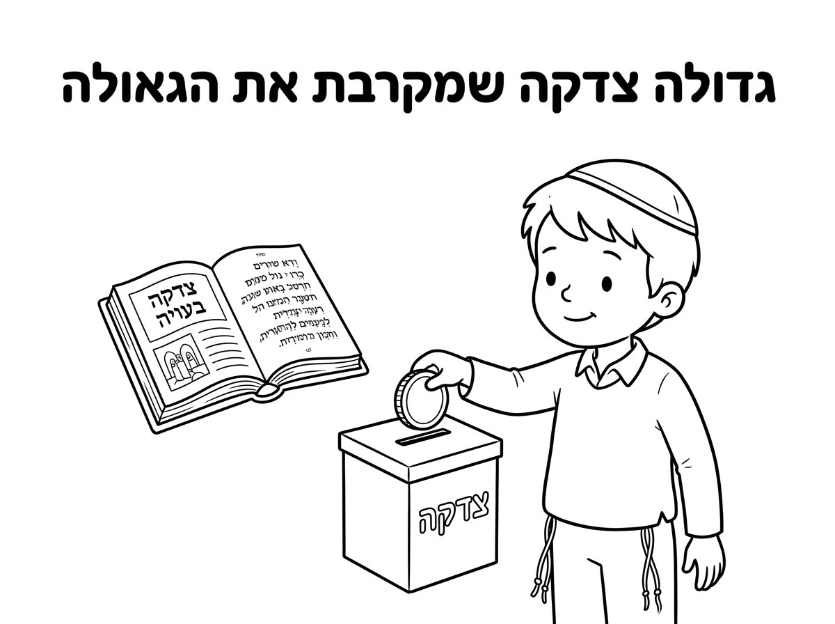 תכין לי דף צביעה של ילד עם כיפה וציצית תורם מטבע בקופת צדקה וליידו סידור וכתוב למעלה "גדולה צדקה שמקרבת את הגאולה"