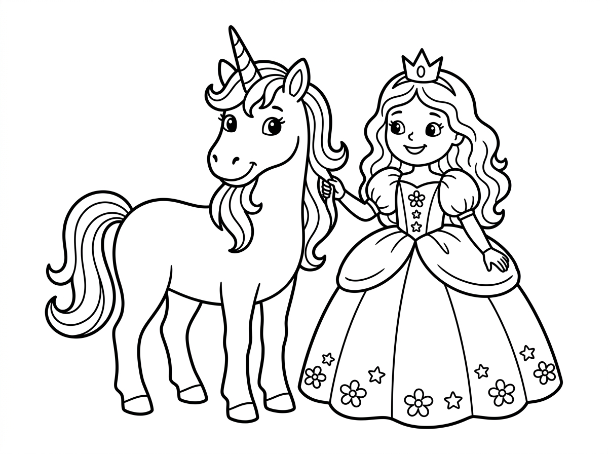 חד קרן  ונסיכה עם שיער גלי, שמלה ארוכה ומתנפחת