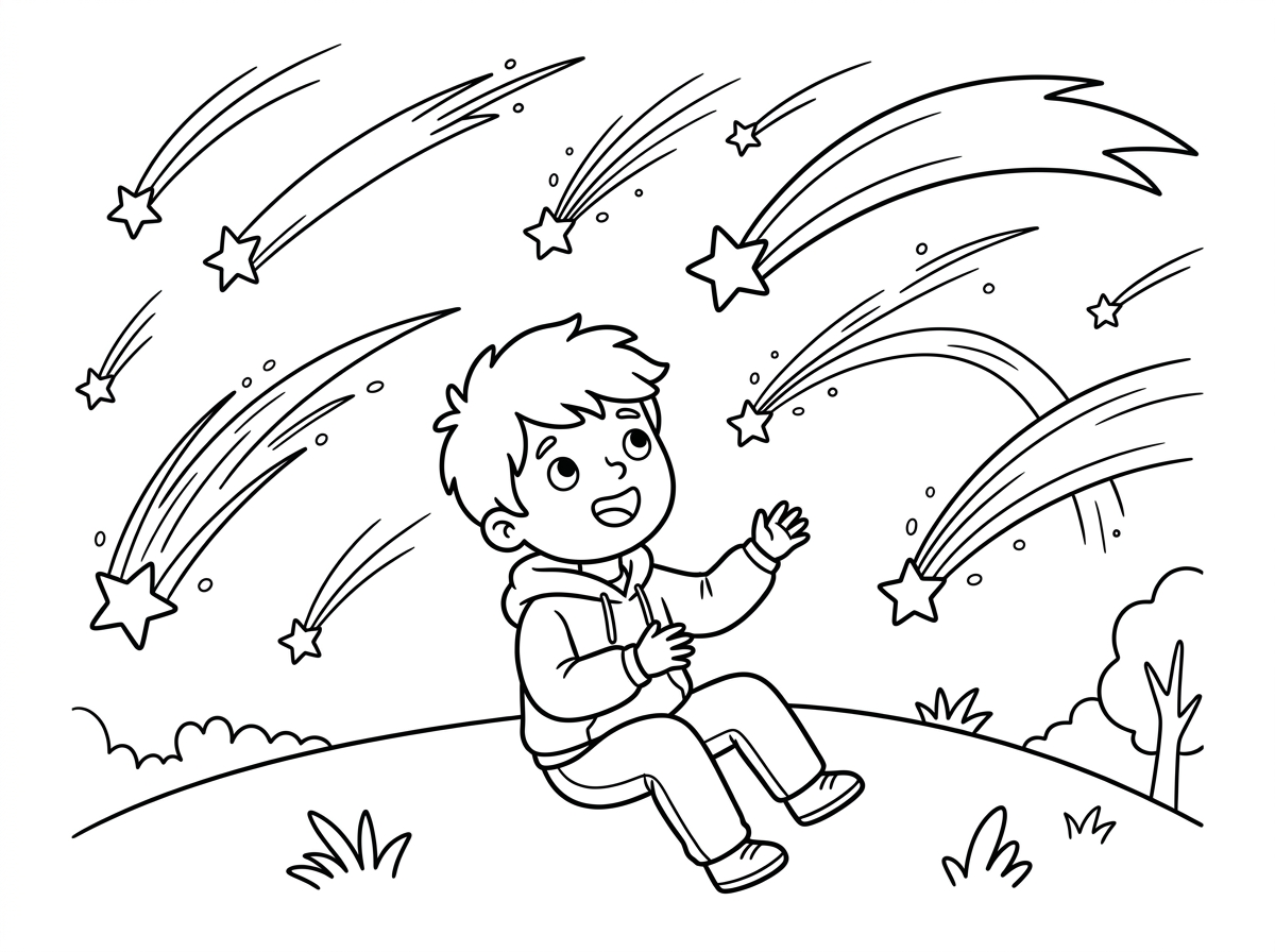 כוכבים עם זנבות ארוכים ומנצנצים חוצים את שמי הלילה בקשתות מרהיבות, כמו גשם מטאורים. ילד קטן יושב על גבעה ומביט למעלה בהתפעלות. השמיים מלאים בנתיבי אור ושובלי כוכבים.