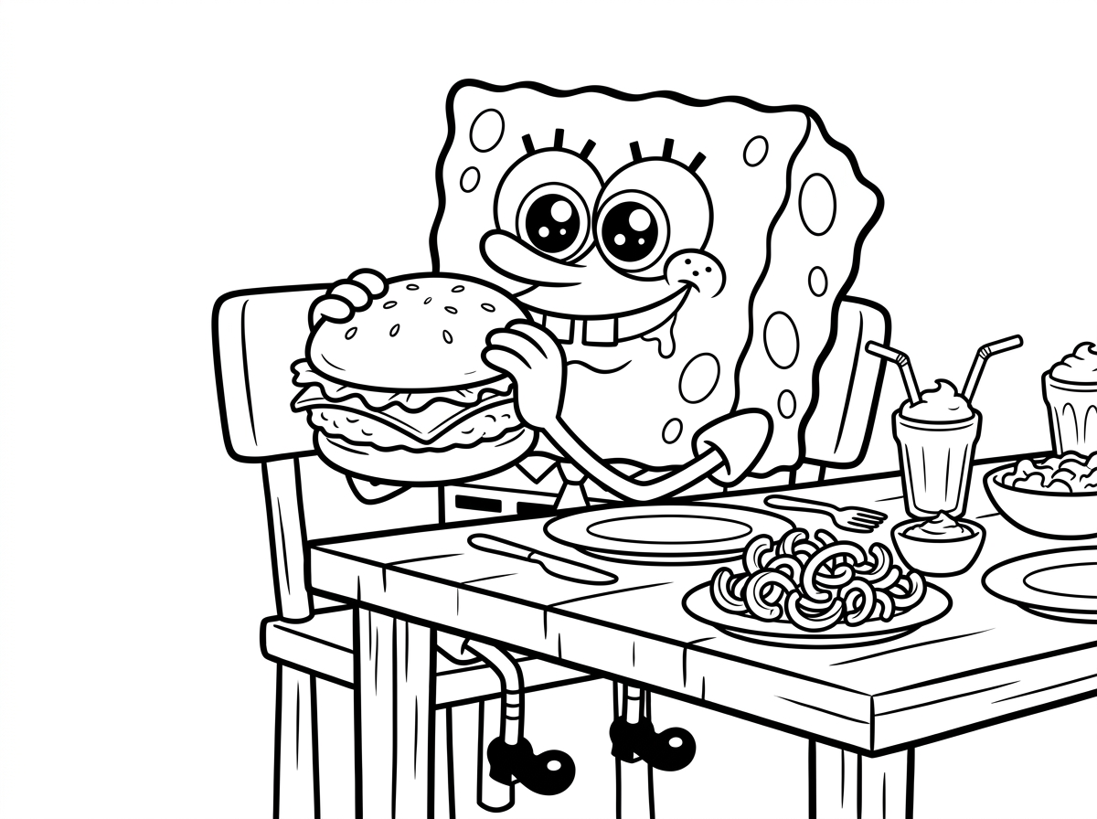 בוב ספוג יושב ליד שולחן אוכל עמוס במנות תת-ימיות טעימות, מחזיק קרשיט קראבי ענק בשתי ידיו ומוכן לנגוס. סביבו צלחות עם צ׳יפס אצות ושייק ים, עיניו זורחות מתאווה ורוק זולג מזווית פיו.