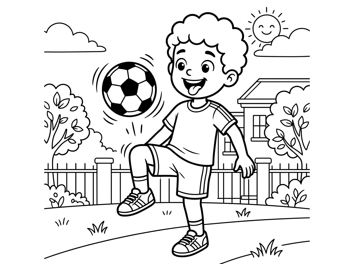 ילד שמח ועליז מקפיץ כדור כדורגל על ברכו, הכדור באוויר מעל הברך עם קווי תנועה. הילד לובש מכנסי ספורט וחולצה ופניו מראים ריכוז משעשע עם לשון בחוץ. ברקע חצר בית ספר עם עצים.