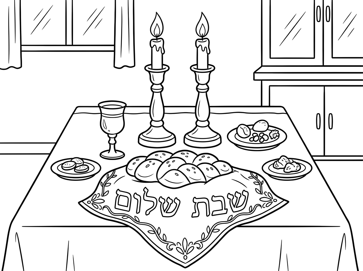 תעשה לי דף צביעה של שולחן שבת עם 2 נרות גדולים של שבת וחלות. וכתוב בגדול שבת שלום