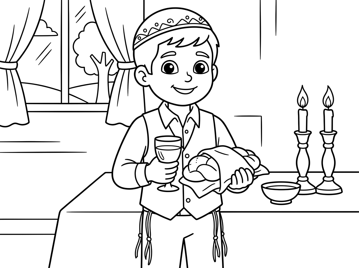 צור לי דף צביעה שקשור לשבת, שהדמות תהיה ילד חבדי
