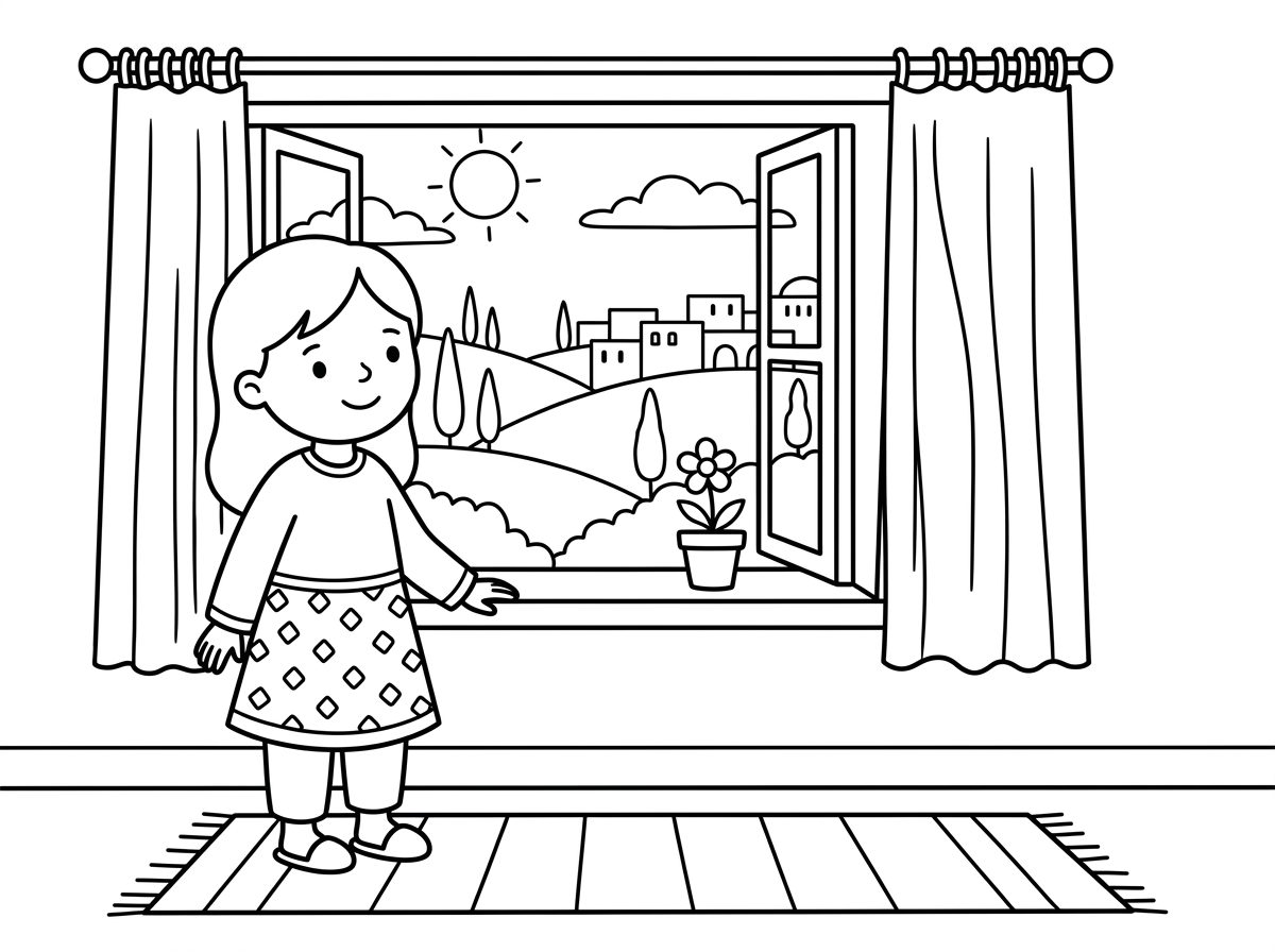 שרוול ארוך לילה וגם חצאית. והיא נמצאת בבית ויש נוף לש הרי ירושלים בחלון