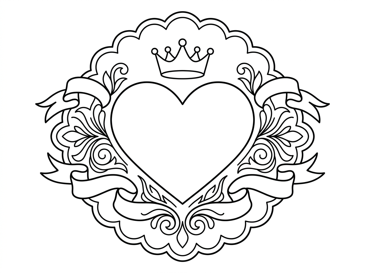 סמל לב קלאסי ומעוצב בסגנון הרלדי עם מסגרת מפוארת סביבו, סרטים מתנופפים ועיטורים סימטריים. הלב ממוקם במרכז כמו סמל מלכותי עם כתר קטן מעליו. הסגנון רשמי ואלגנטי עם קווים מדויקים.