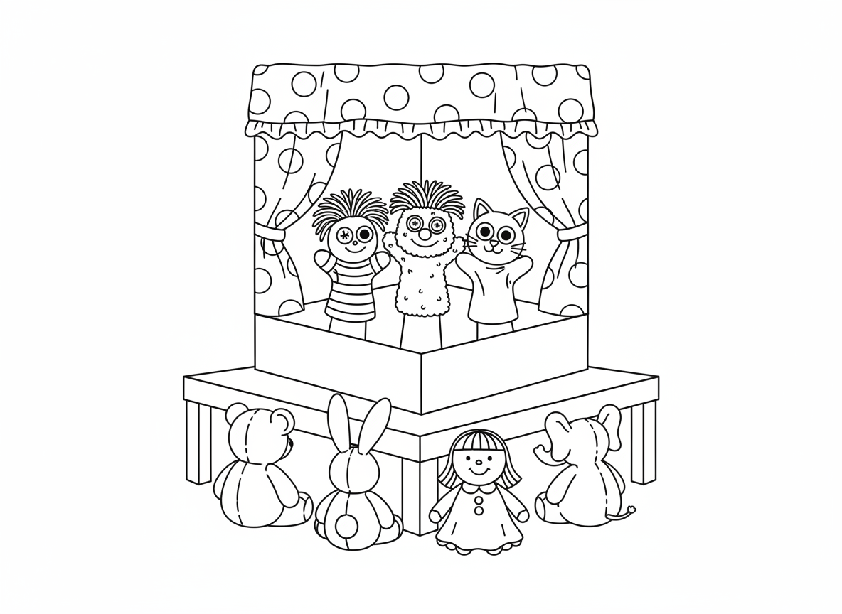 תיאטרון בובות גרב - בובות גרב צבעוניות מופיעות על במת קרטון, עיני כפתורים ושיער חוטים, ידי ילדים נראות מלמטה, קהל של בובות ודובונים, ווילון מסמיכה