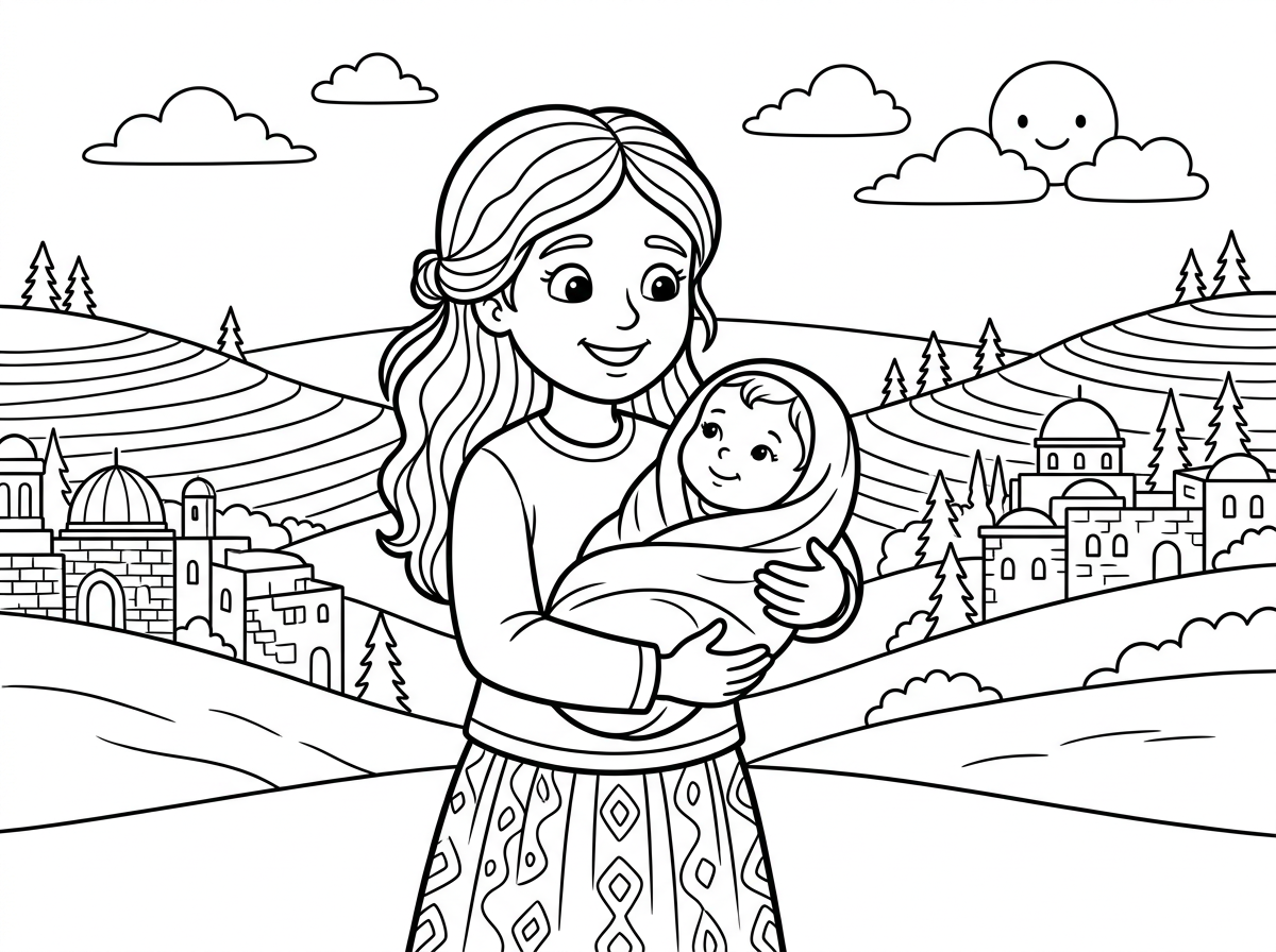 ילדה עם שרוולים ארוכים וחצאית, מחזיקה תינוק וסביבה נוף הרי ירושלים.