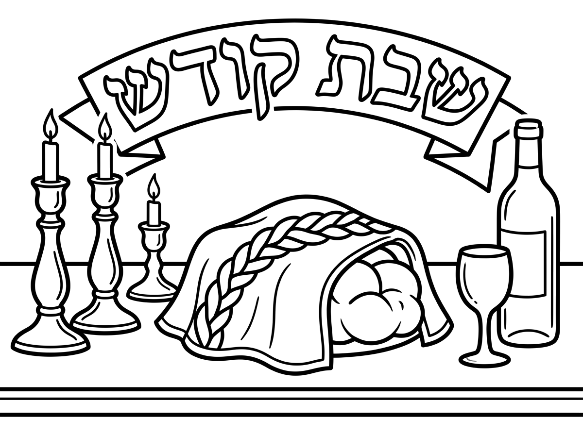 תכין לי דף צביעה (ברמה קלה) לפי מספרים שקשור לשבת. 
שיהיה כתוב את המילים שבת קודש 
ובתמונה שולחן ערוך עם 2 פמוטות גדולות וליד פמוט קטן יותר, בקבוק יין ולידו גביע בלי רגל ומפה לחלה קצת תפוחה