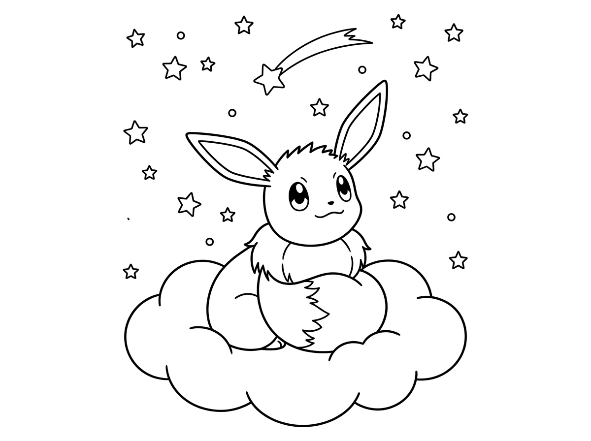 איבי יושב על ענן רך ולבן בשמי לילה מלאי כוכבים, מביט למעלה בתדהמה ובהתפעלות. כוכבים נוצצים סביבו בכל הגדלים, כוכב שביט חולף מעליו, אוזניו מורמות בסקרנות וזנבו הפרוותי עוטף את גופו בחום, בסצנה קסומה ושלווה.