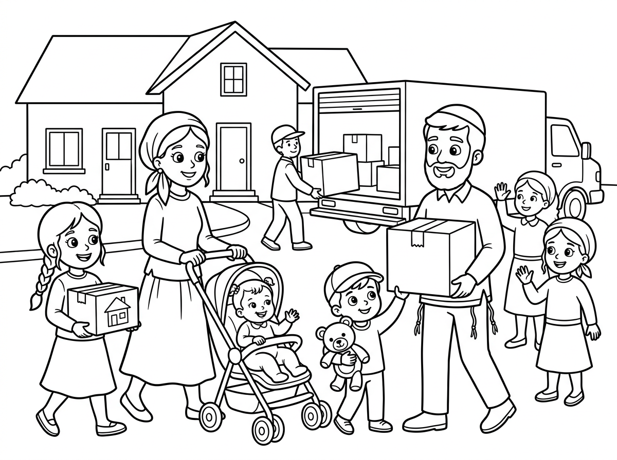 נשמח לדף צביעה של ילדה שעוברת דירה עם כל המשפחה. אבא עם כיפה וציצית מחזיק ארגז ואמא עם מטפחת של יהודים לא מוסלמים. וגם 2 בנות מנופפות לשלום וילד קטן מחזיק דובי ותינוקת בעגלה שאמא מסיעה אותה ויש ברקע בית ומשאית עם 2 סבלים שמעמיסים ארגזים
