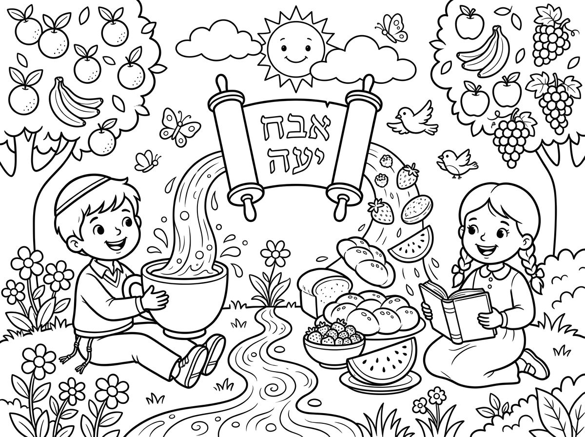 תיצור לי דף צביעה לילדים לקייטנה של ילדים בגן חב''ד בגיל 4 בנושא של התורה ממשלה למים והיא כמו מזון לנפש. 
דף קליל ויפה לצביעה