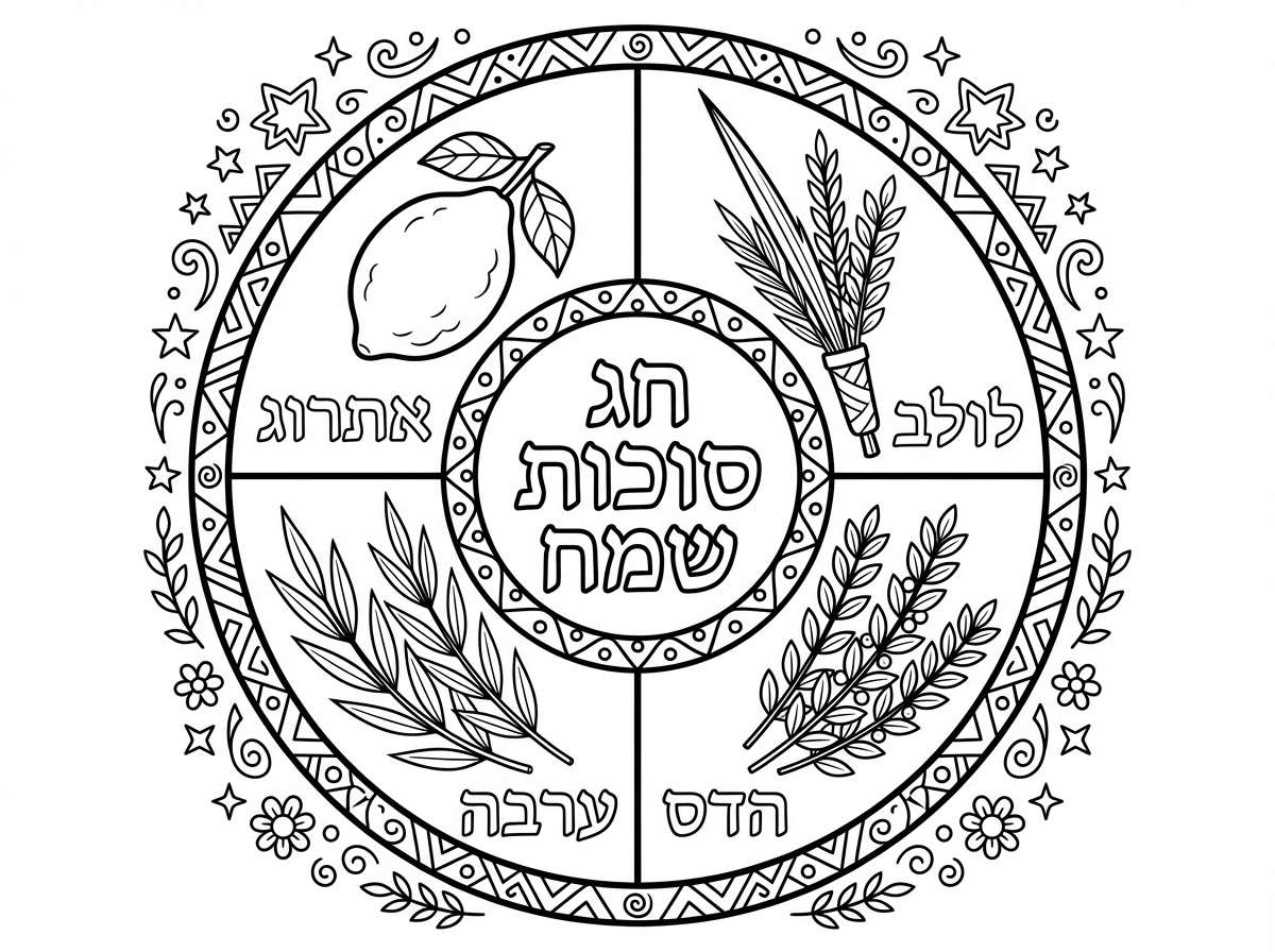 ציור חגיגי של ארבעת המינים מסודרים בזר עגול מעוצב, כל מין תופס רבע מהמעגל עם שמו כתוב בעברית מתחתיו. במרכז הזר כתוב ""חג סוכות שמח"" בכתב מעוצב, ומסביב כוכבים וקישוטים. סגנון פוסטר חגיגי עם אלמנטים דקורטיביים רבים.