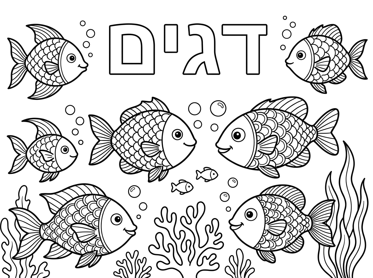 צוק דף צביעה של דגים יפים ולמעלה תכתוב באותיות חלולות :" דגים"