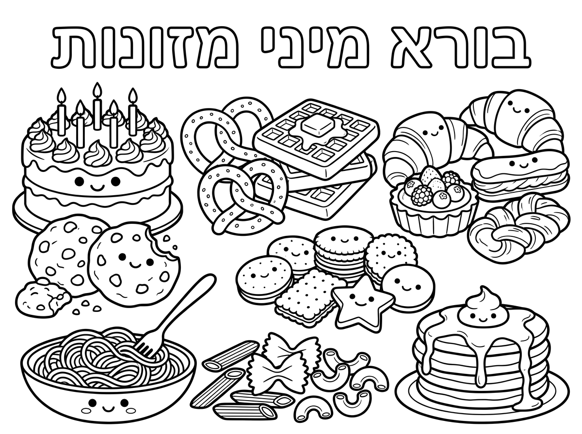 צור לי דף עם כיתוב למעלה: "בורא מיני מזונות"
תחתיו ציורים של: עוגה, עוגיות, בייגלה, וופלים, מיני מאפה, ביסקוויטים, פסטה וספגטי 
קרואסון, פנקייק