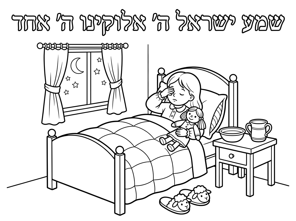 ציור של ילדה שוכבת במיטה מכוסה עם שמיכה, לבושה בכותונת עם שרוול ארוך, מחזיקה ביד בובה,
ואצבעות יד ימין מונחות על העיניים כמו בתפילה,
ליד המיטה יש שידה קטנה, ועליה מונחת קערה עם נטלה,
ליד המיטה יש נעלי בית בצורת כבשה,
בחלון רואים ירח וכוכבים,
ויש לחלון וילון נחמד לצדדים,
ורואים כיתוב על התמונה: "שמע ישראל ה' אלוקינו ה' אחד"