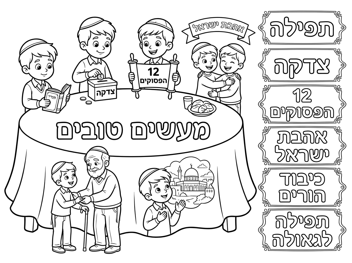 לבצע את אותה טבלה רק עם בנים עם כיפה
לרשום בצד לפי הסדר
תפילה
 צדקה
12 הפסוקים
אהבת ישראל 
כיהוד הורים
תפילה לגאולה