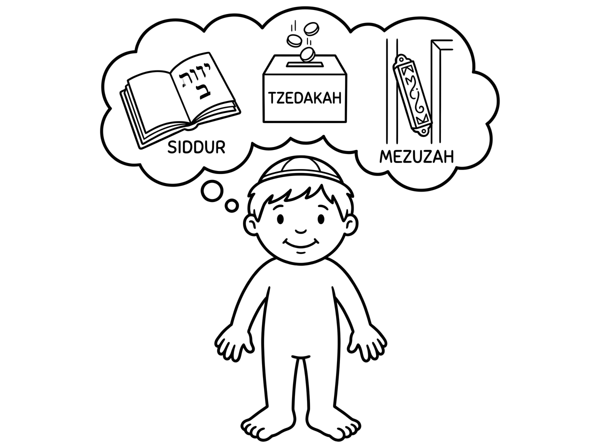 מתוק
תעשה לו אצבעות ידיים ואצבעות רגליים, ממש גוף
ואם תוכל לעשות לו בועת חשיבה עם איורי מצוות בפנים (סידור, צדקה, מזוזה)