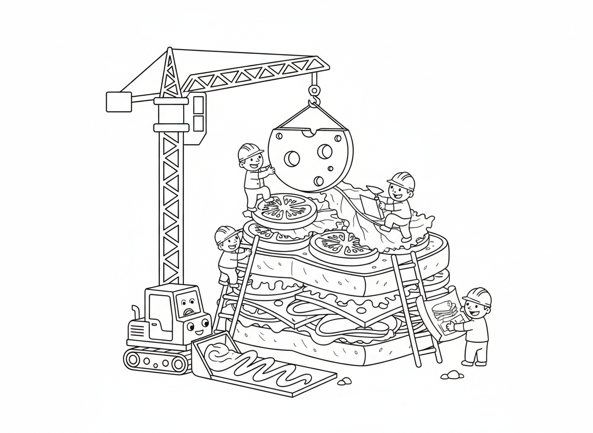 אתר בנייה של כריך - פועלי בניין זעירים בונים כריך ענק, מנוף מרים פרוסת גבינה, דחפור מורח חרדל, פועלים עם קסדות מערמים שכבות עגבנייה וחסה, ואדריכל עם תוכנית לחם