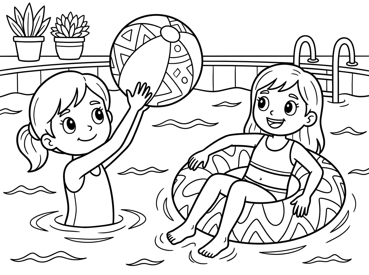 Two girls in a pool, one playing with a beach ball and another in a swim ring, wearing modest swimsuits