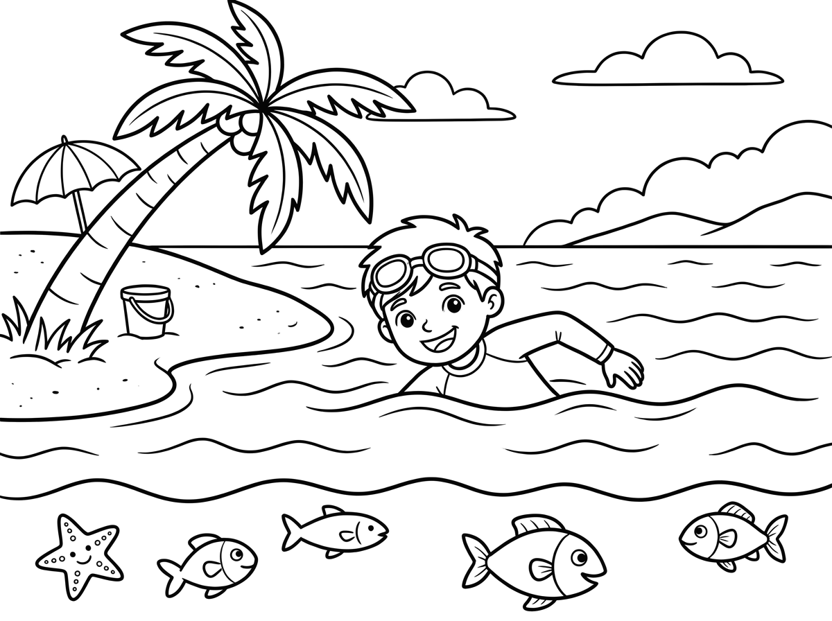 Boy swimming in the sea wearing modest clothes, with a palm tree and beach nearby