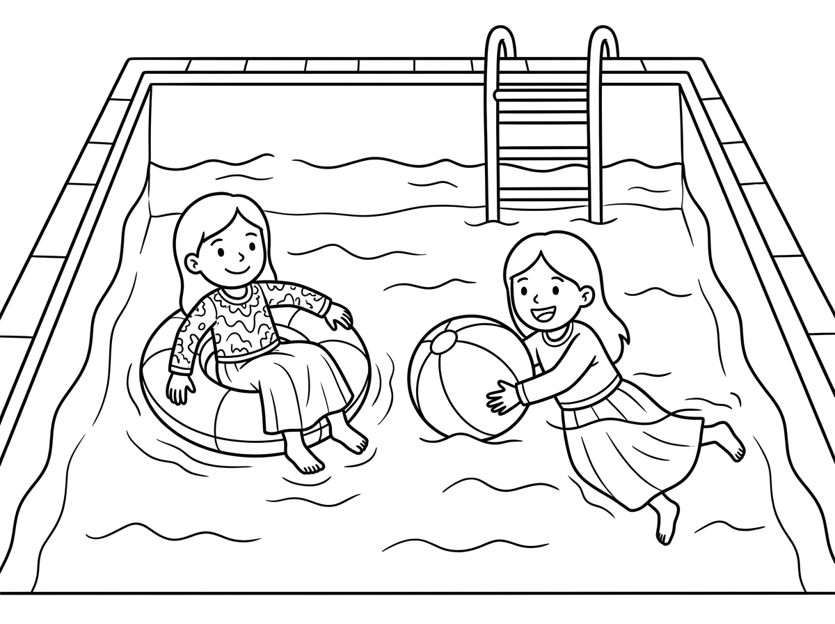 Two girls in a square swimming pool with a ladder. One girl in a swim ring, wearing a modest dress with long sleeves and covering her knees. Another girl playing with a beach ball and swimming, also wearing a modest dress with long sleeves and covering her knees.
