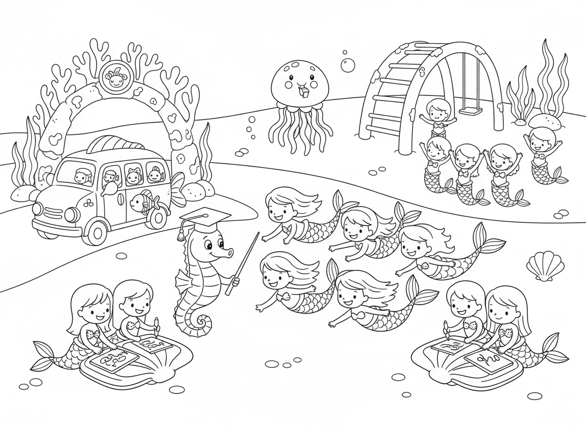 בית ספר לבנות ים - בנות ים קטנות לומדות לשחות במסדר, סוסון ים כמורה, כותבות על לוחות צדפים, אוטובוס דגים מוריד תלמידים, מגרש משחקים מאלמוגים, ומדוזה כמורה לחינוך גופני