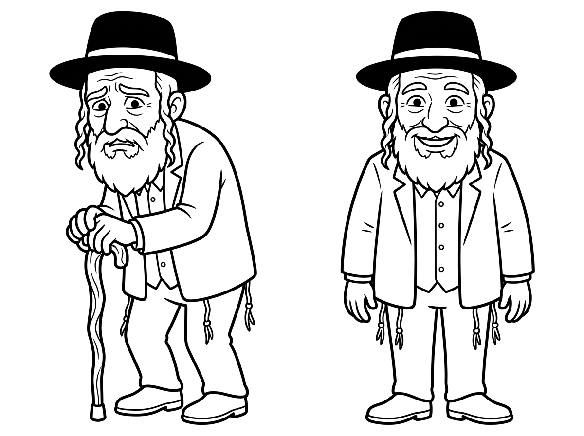 איש זקן עם מגבעת ופיאות וזקן וציצית וחליפה, ופנים קצת כאובות, נשען על מקל הליכה.
בצד השני אותו איש אבל מחייך בלי מקל הליכה
