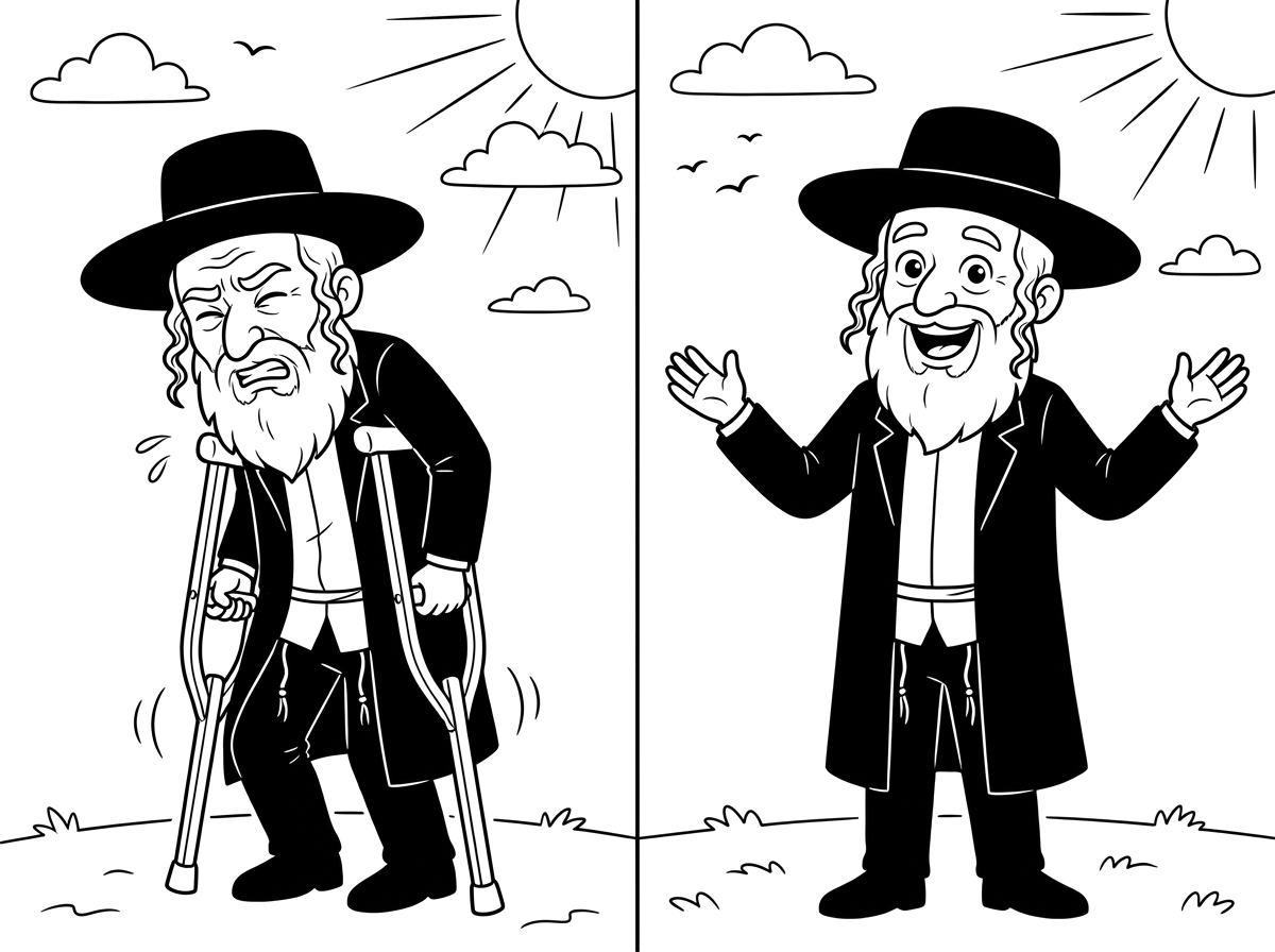 איש זקן דתי עם מגבעת וקזן ופיאות ציצית וחליפה, הולך עם פנים כאובות ונשען על קביים.
בצד השני אותו איש מחייך ללא קביים