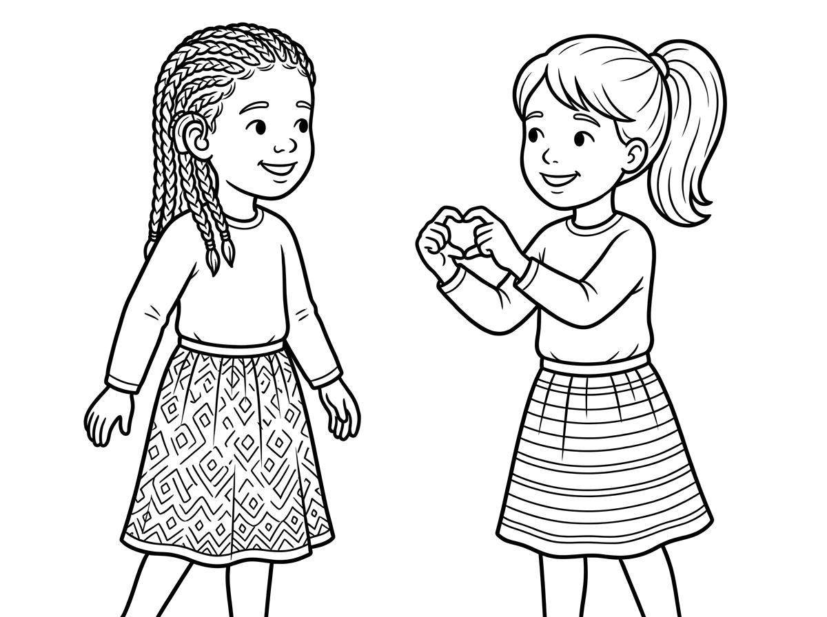 ילדה עם צמות בגיל גן עם מכשיר שמיעה באוזן
לידה ילדה עם קוקו שעושה לה עם האצבעות לב

שתי הילדות עם חצאיות ארוכות שרוולים ארוכים וגרביונים