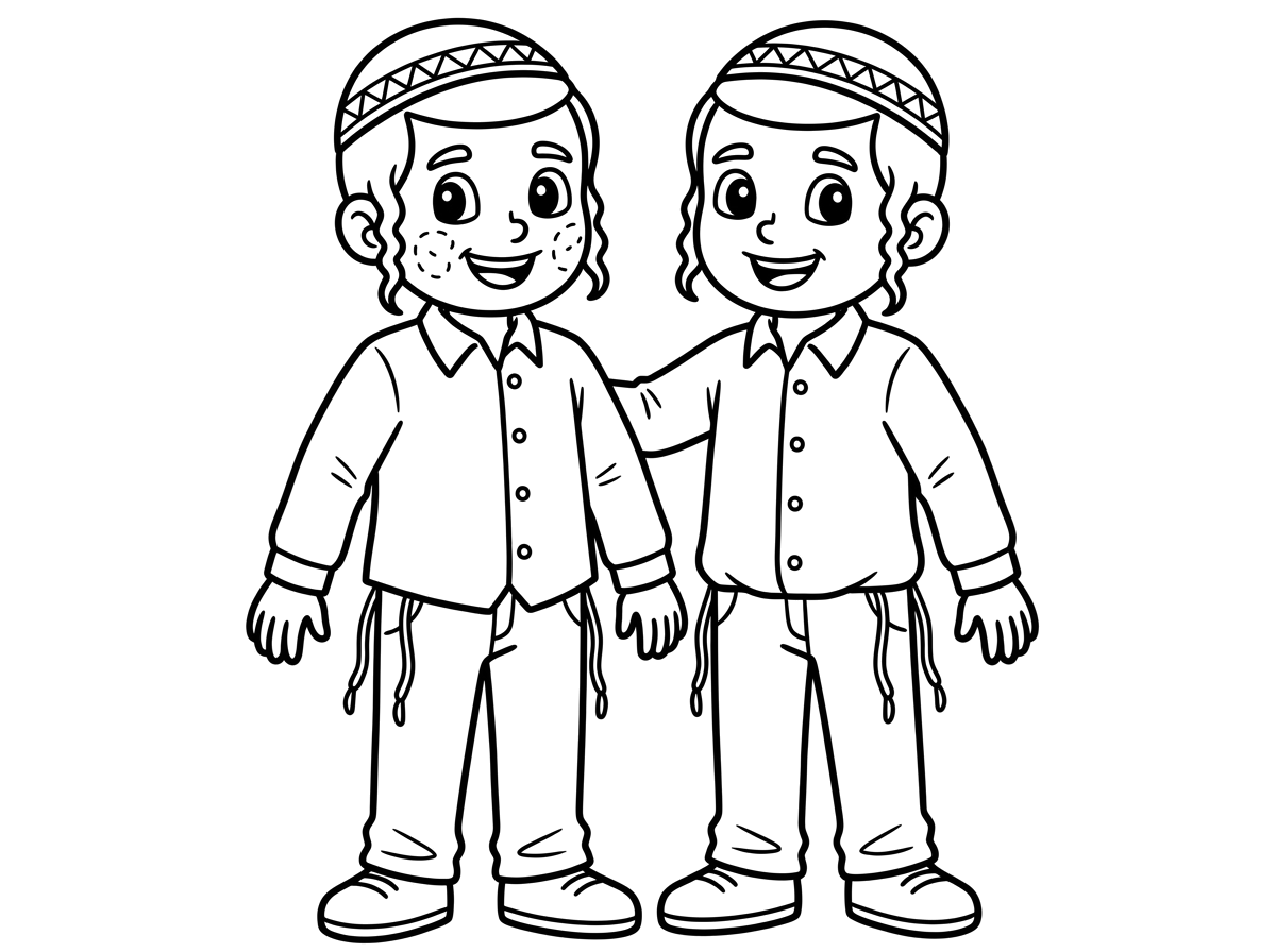 שני ילדים עם כיפות ופיאות קצרות ודקות לצידי האוזניים
עם חוטי ציצית לצד המכנסיים
לאחד מהם יש פריחה על הפנים
לידו ילד אחר והם שמים יד אחד על השני על הכתף
