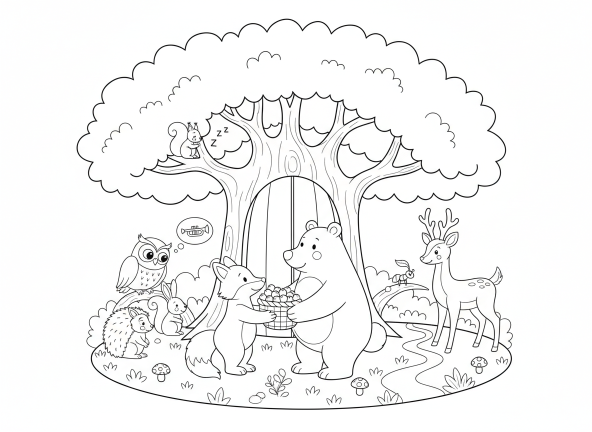 יום כיפור של חיות היער - חיות מתנצלות זו בפני זו, שועל מחזיר גרגרים גנובים לדוב, ינשוף מתנצל על רעש בלילה, איילה עוזרת לנמלה לחצות את השביל, כולם מתכנסים מתחת לעץ גדול כבית כנסת