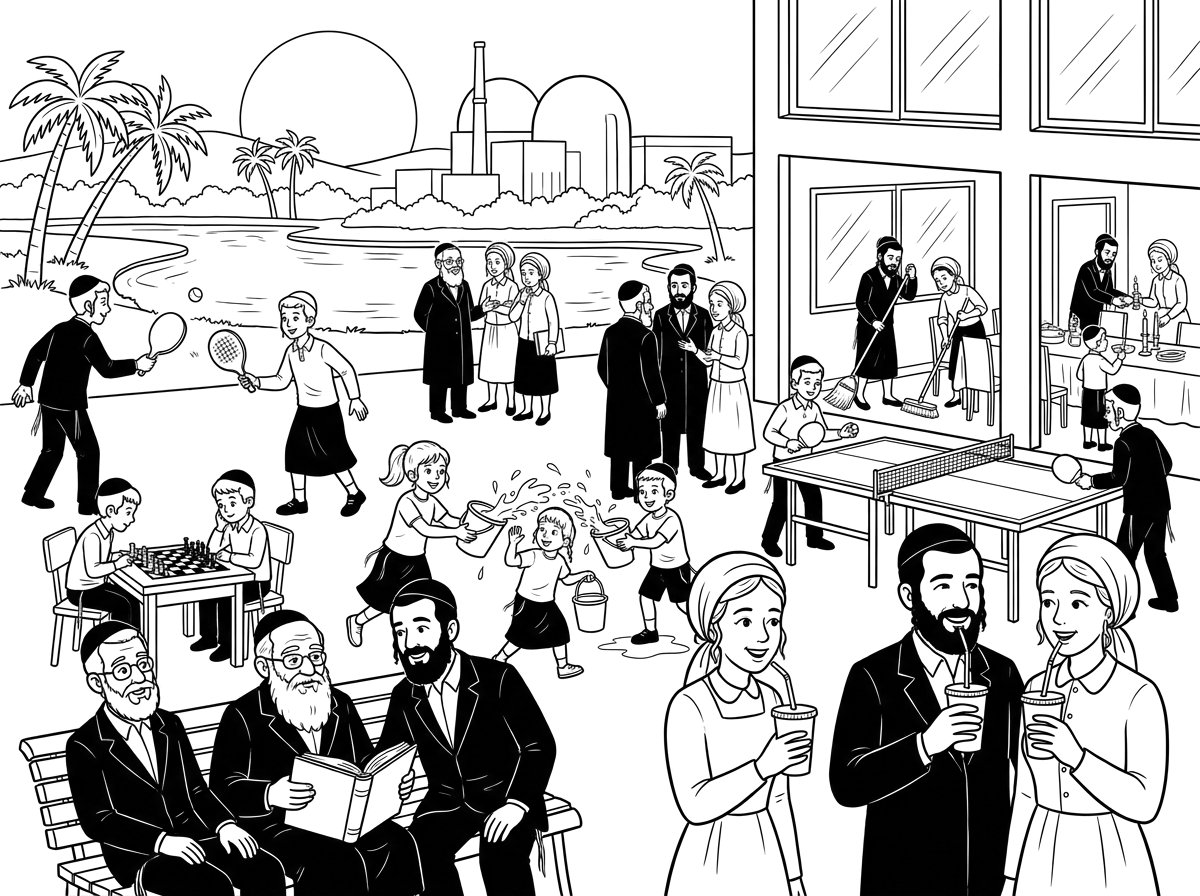 רשימת הוראות -
ציור שיהיה בו סבא עם כמה זוגות נשואים ,ונכדים חרדים ,משחקים בנופש שבת גיבוש ,בעיר דימונה , שיראו את פארק האגם 
,וכן את הכור האטומי חלק מהנכדים הם בחורים וחלק ילדים , יש שמשחקים במטקות , ויש בשחמט , ויש במלחמת מים ,יש שמשחקים בפינג פונג , יש יושבים לשוחח , חלקם גם שותים שייק , הבנות הנשואות שיהיו עם מטפחת , ויש גם חלק מהמשפחה בתוך הבניין שמסדרים את המקום לכבוד שבת קודש .