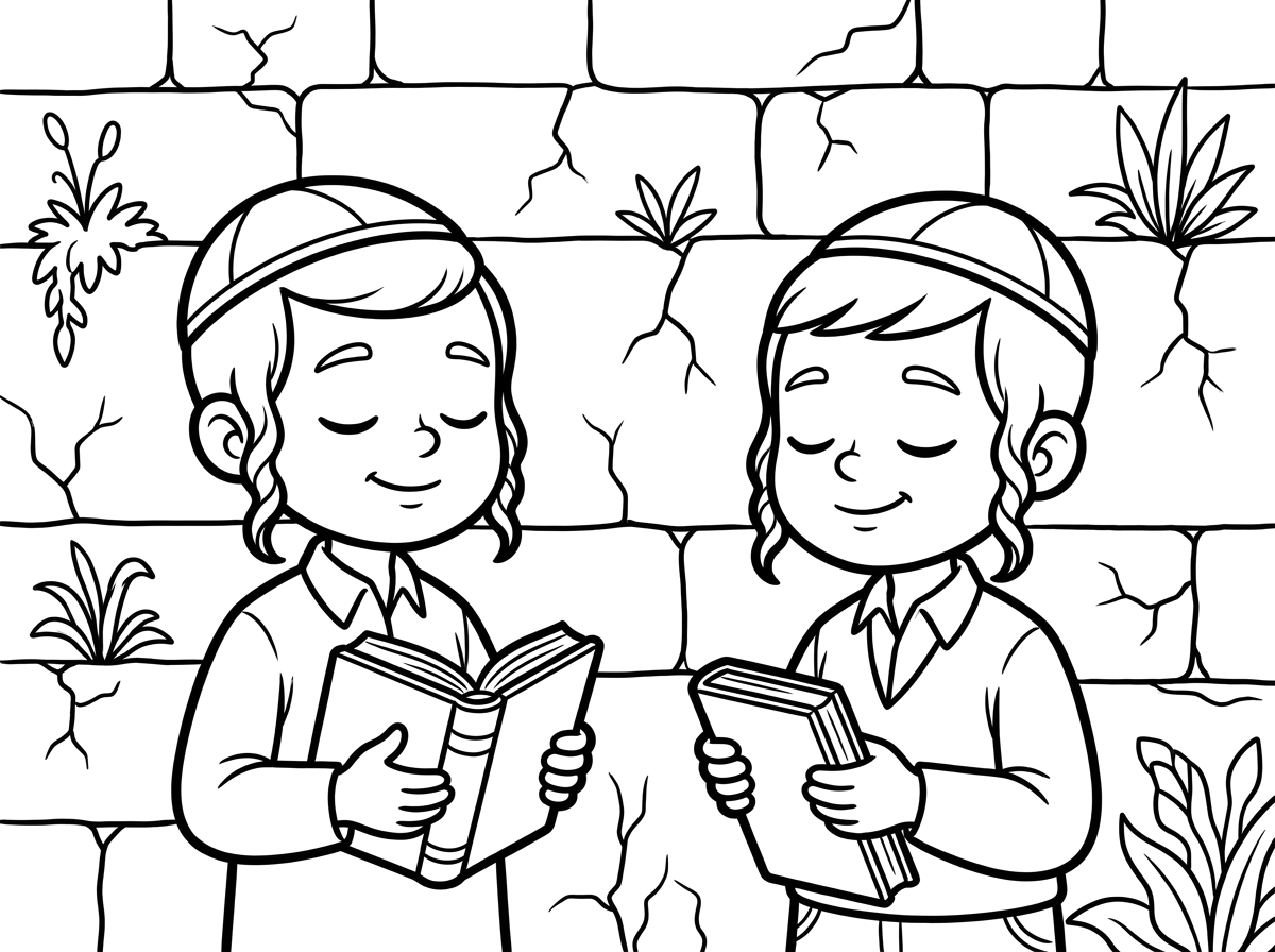 אני רוצה בבקשה דף צביעה  של שתי ילדים חמודים עם פאות מתפללים בכותל