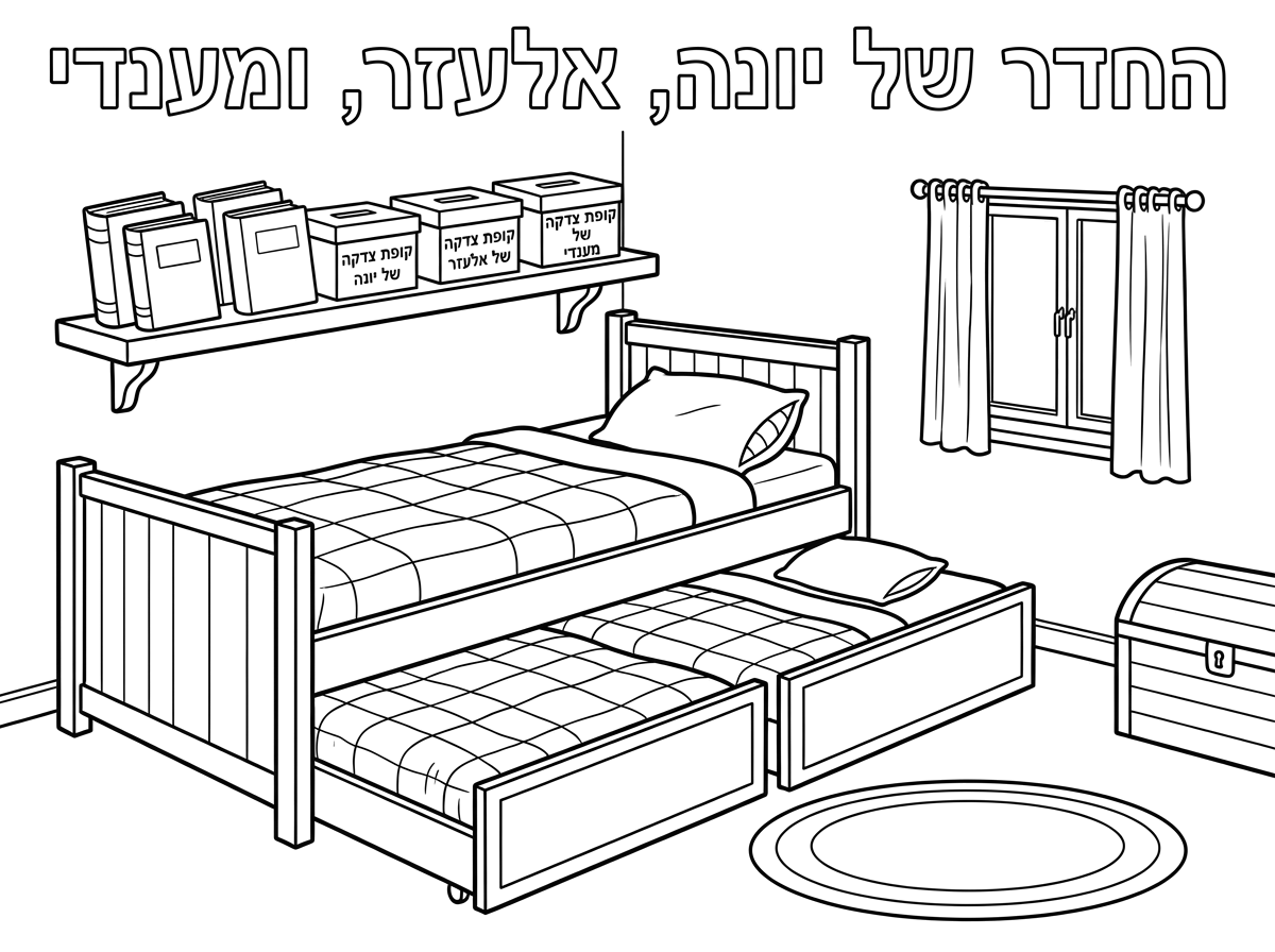 דף צביעה שכתוב עליו באותיות חלולות

החדר של יונה, אלעזר, ומענדי

מיטה פתוחה
שממנה יוצאות עוד שתי מיטות
סה״כ שלוש מיטות שכל אחת קצת יותר נמוכה מהשניה.

מדף
על המדף 
3 ספרים 
3 קופות צדקה
קופה אחת כתוב
קופת צדקה 
של יונה
קופה שניה כתוב
קופת צדקה של אלעזר
קופה שלישית כתוב
קופת צדקה 
של מענדי