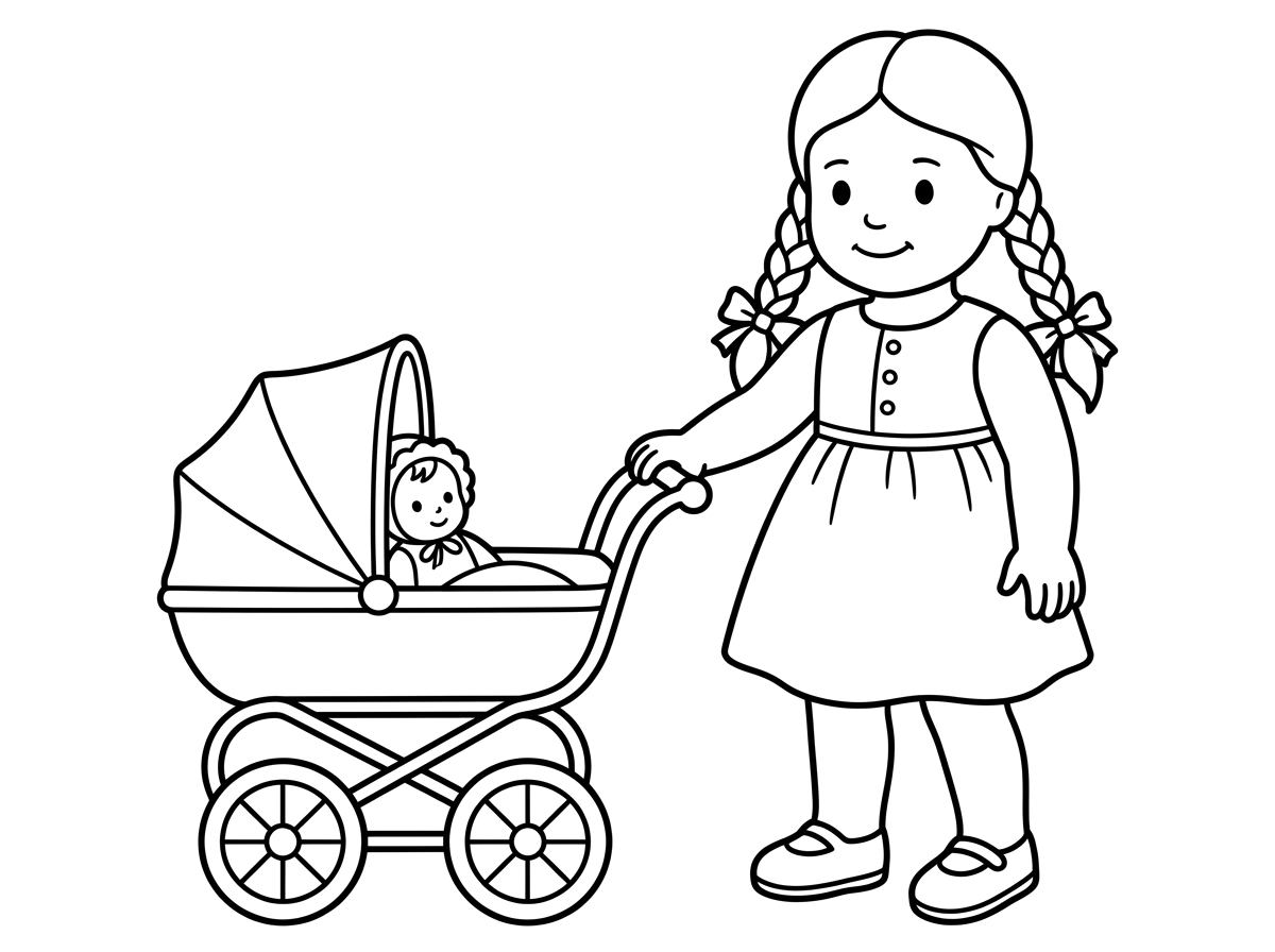 אשמח לדף צביעה של בובה אמריקאית מחזיקה עגלה עם בובת תינוקת