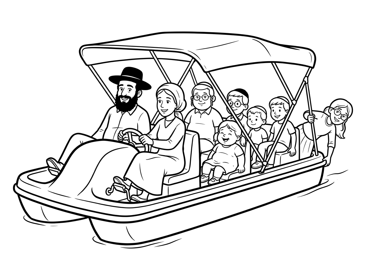 תצייר זוג הורים 
ונער כבן 13 שמנמן עם משקפיים 
וילד כבן 10 שמנמן עם משקפיים 
ילד כבן 8
ילד כבן 7
 ילדה בת 5 שמנמנה
ונערה כבת 17 עם משקפיים
על כירכה עם גגון ממונע עם פדלאים והגה לשנים שיושבים מקדימה
בקידמת הכרכה האבא ובאמא ובאמצע הילדה הקטנה השאר מאחור ואחד תלוי מאחור מאחור
כולם בחזות חרדית ושמחים