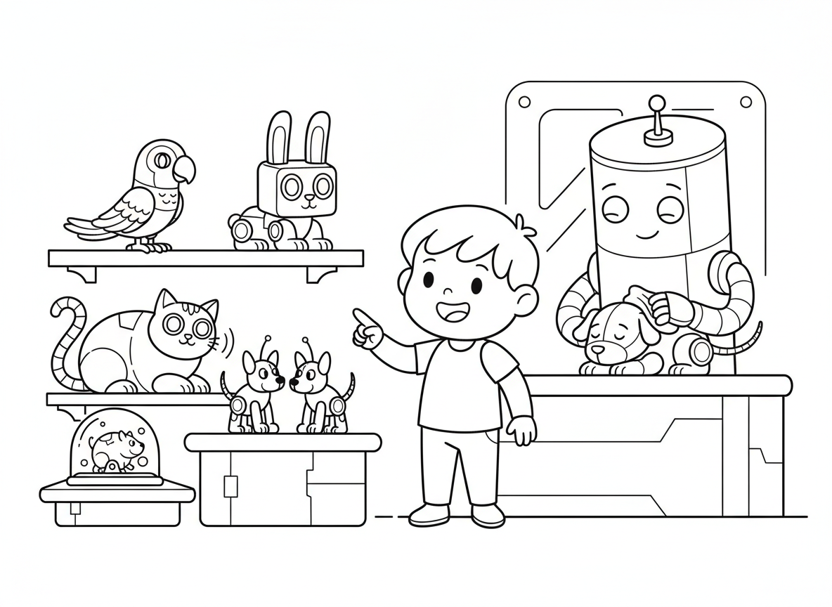 חנות חיות מחמד רובוטיות - כלבים רובוטיים זעירים מכשכשים בזנבות אנטנה, חתול רובוט עם עיני לד מרמרם, אוגר רובוט רץ על גלגל דיגיטלי, ילד בוחר בין תוכי רובוט לארנב רובוט, וחנווני רובוט מצחצח חיות