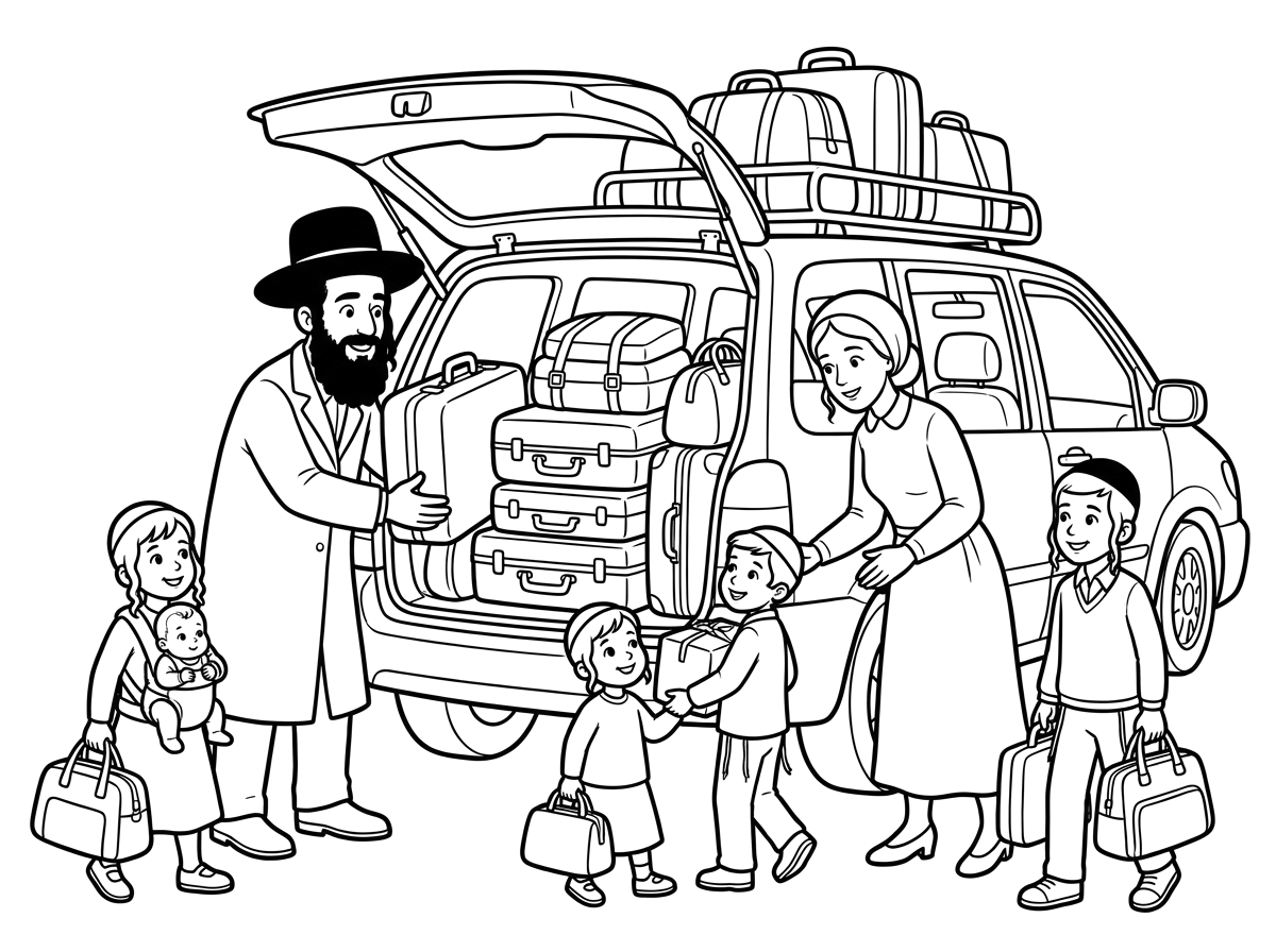 תמונה של משפחה חרדית מעמיסים המוןמ מזוודות  ויוצאים לנופש הורים וילדים בכל הגילאים