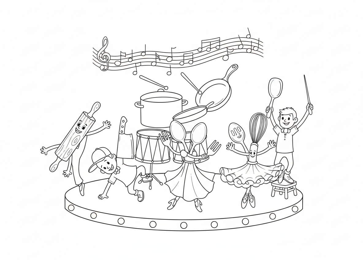 כלי מטבח רוקדים - כפות ומזלגות רוקדים ריקוד סלון, סכין עושה ברייקדאנס, מטרפה מסתובבת כבלרינה, סיר ומחבת כתופים, מרית מנצחת, מערוך עושה התעמלות, כולם על במת השיש