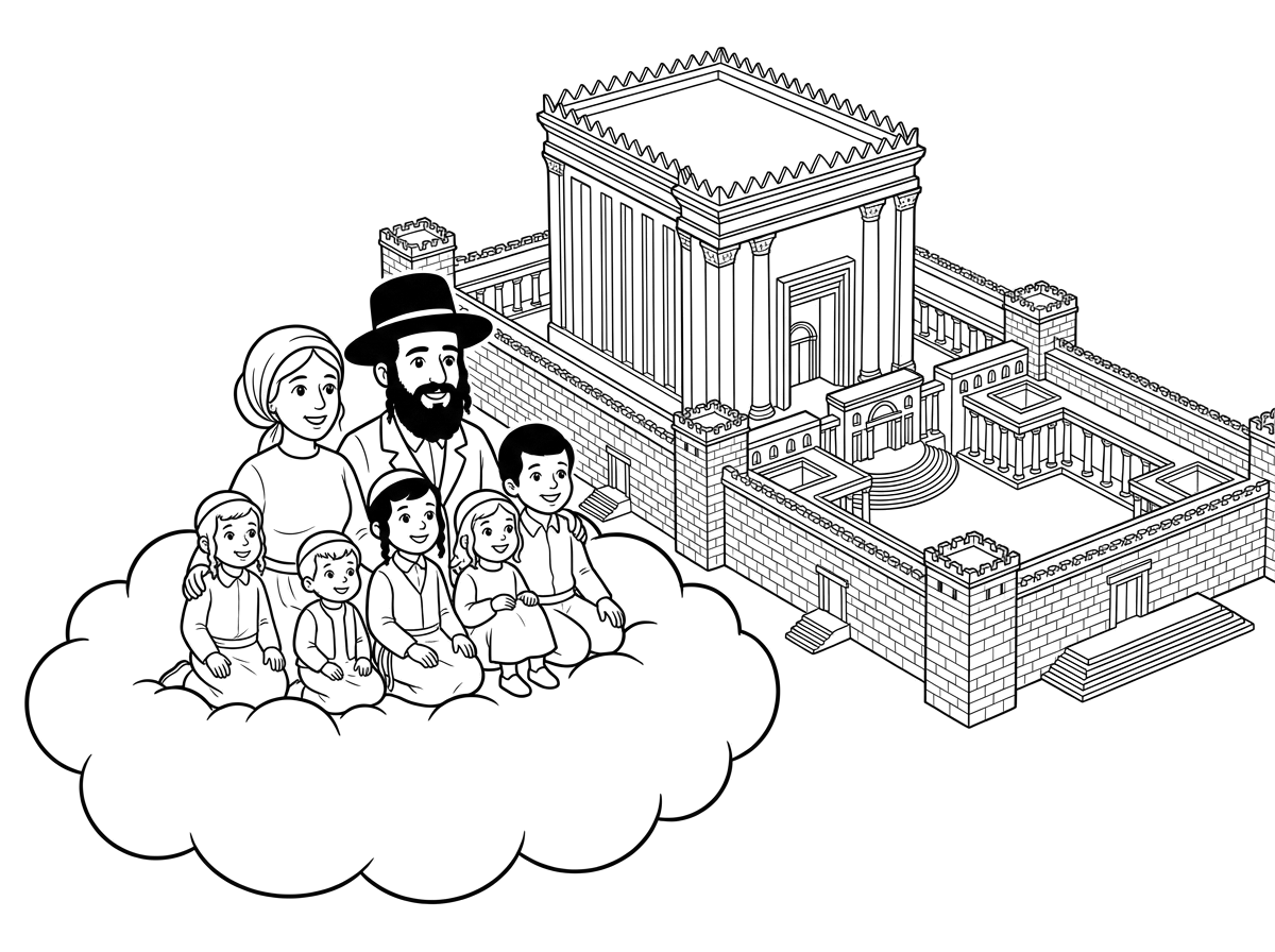 אני רוצה דף צביעה של משפחה חסידית על ענן עפה לבית המקדש. בית המקדש ברקע