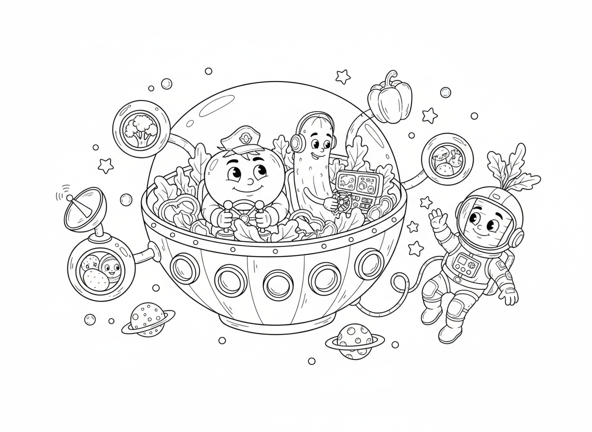 תחנת חלל של ירקות
גזר אסטרונאוט, עגבנייה קפטן, ומלפפון שמנווט חללית בצורת סלט.